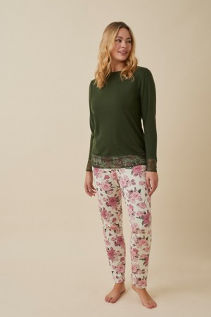 Pijama largo mujer liso y flores Promise